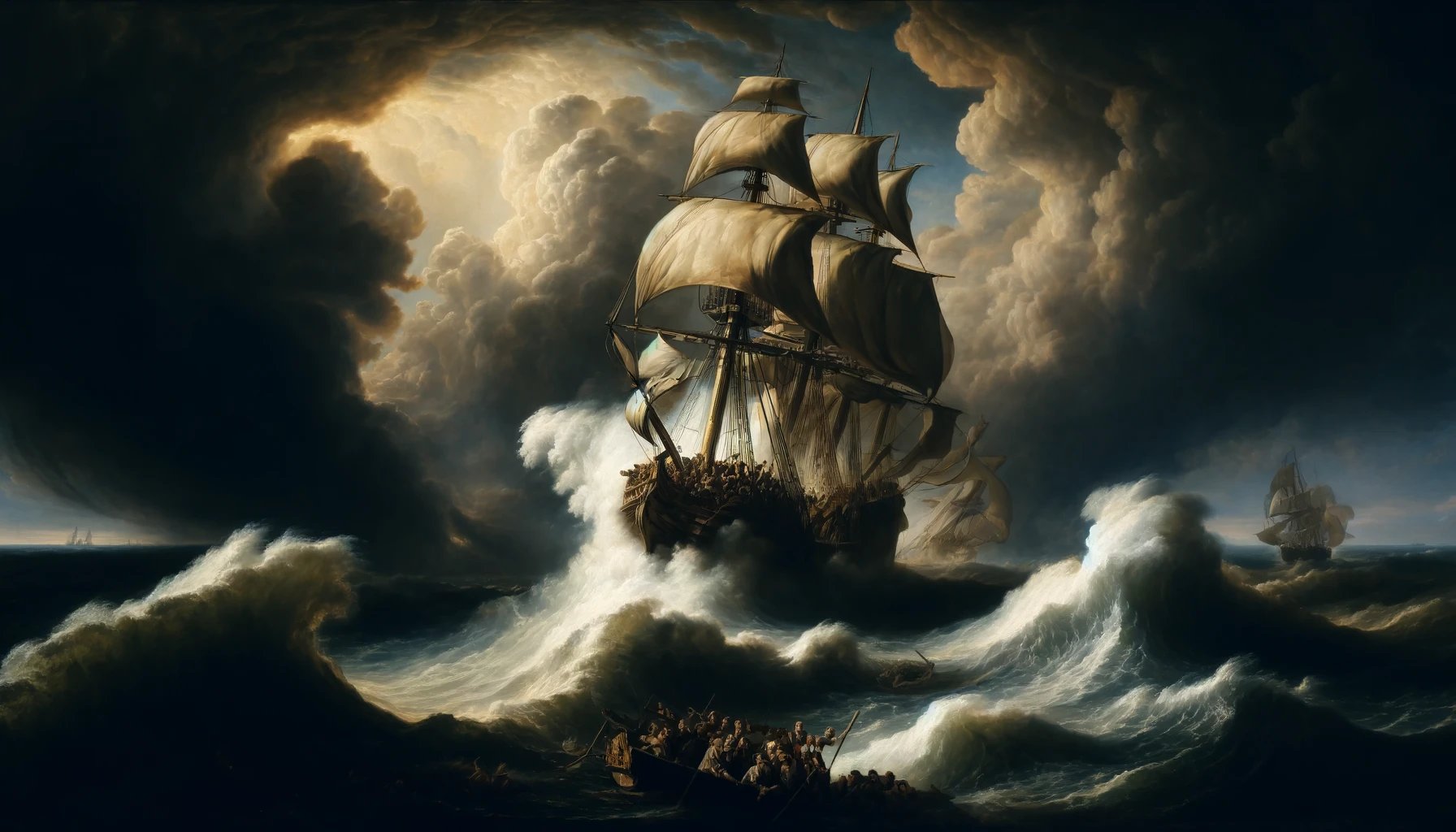 DALL·E 2024-04-29 15.33.12 - A dramatic 17th-century-style oil painting depicting a turbulent sea during a storm. The scene features dark, swirling clouds and towering waves crash