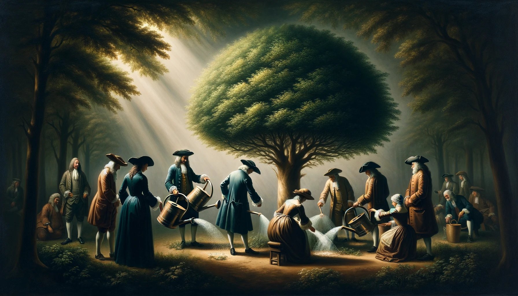 DALL·E 2024-04-29 17.27.25 - A 17th-century-style oil painting inspired by Rembrandt, depicting a group of well-dressed merchants and financiers in a lush garden, collectively wat